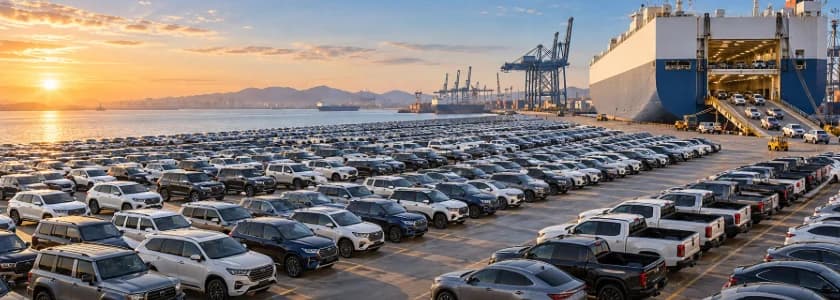 Hundreds of cars lined up beside a car carrier loading at sunset